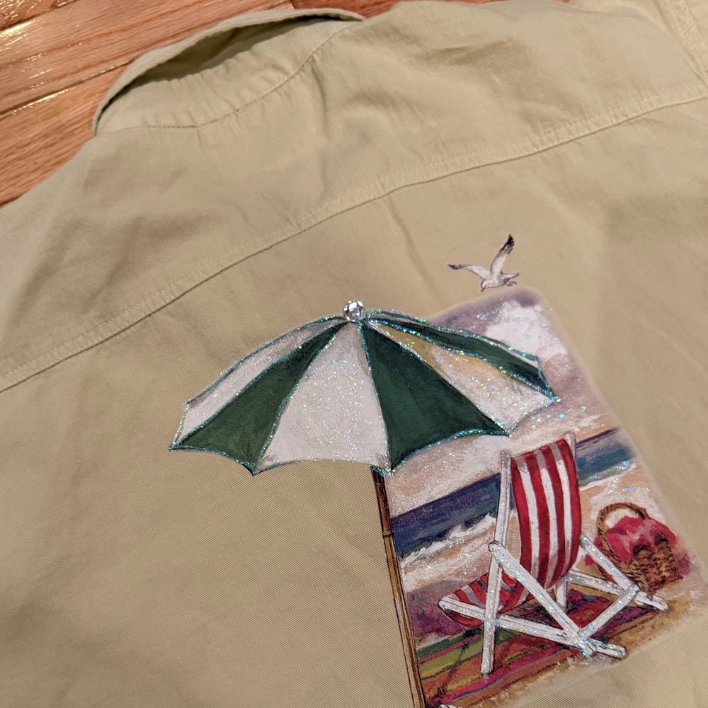 Women’s Beige Button-Down Shirt glitter sparkle Beach Scene Size L grannycore - Picture 3 of 6